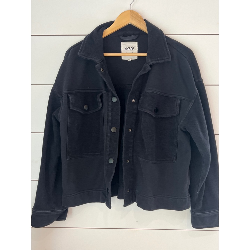 Aerie Black Cotton Shacket Snap Button Pocket Jacket Women Medium closet staple - Picture 1 of 8